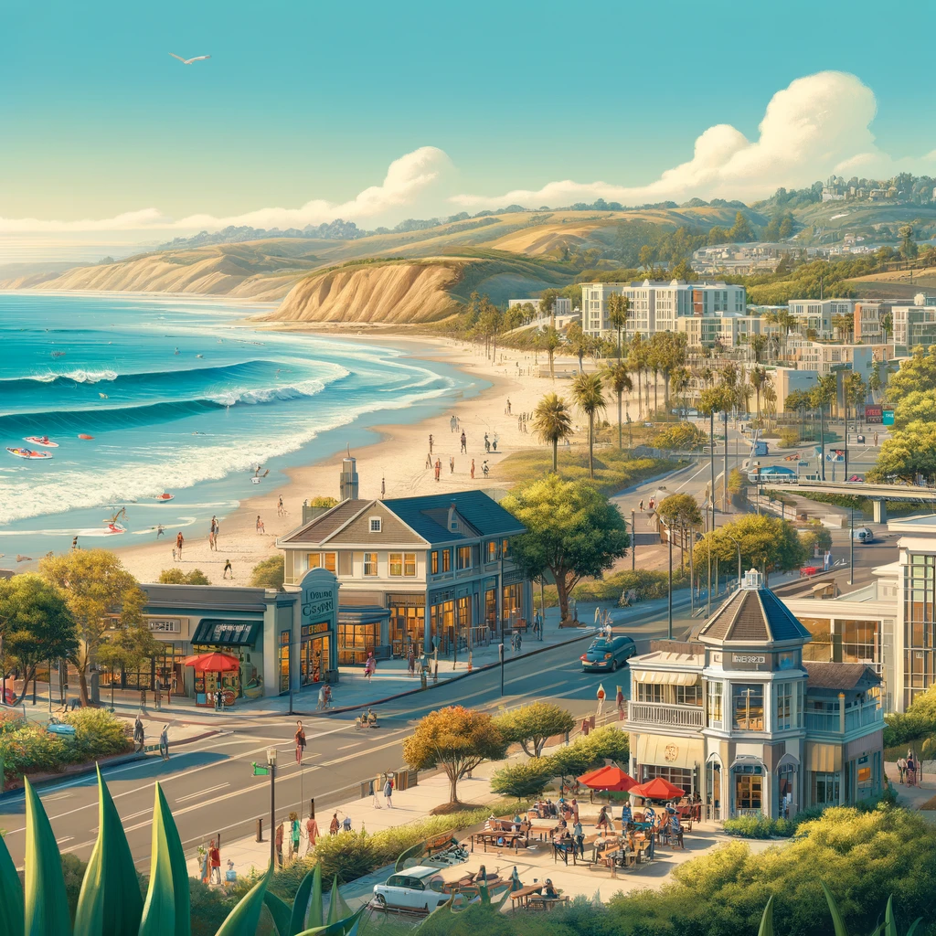 Realistic illustration of Encinitas, San Diego, featuring a beach with surfers and families, a downtown area with charming shops and cafes, and lush greenery from local parks. The coastal landscape and clear blue sky are visible in the background.
